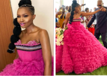 South African bride looks stunning in pink wedding dress