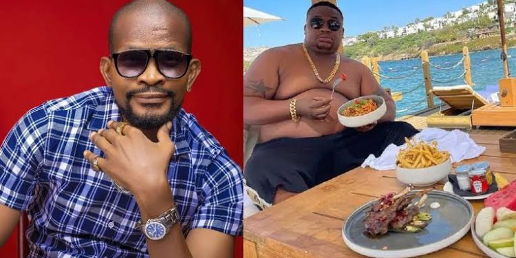 Controversial Nollywood actor, Uche Maduagwu, has advised celebrity bar man, Cubana Chiefpriest(Mazi 46 Cows) to hit the gym. — “Bro work out more, obesity is not fashionable”